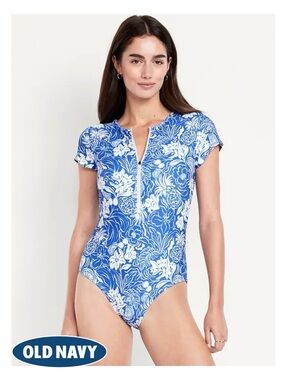 NWT $50 Old Navy Swimsuit Plus Size, XXL, Matte Blue Floral Zip Swim Beach